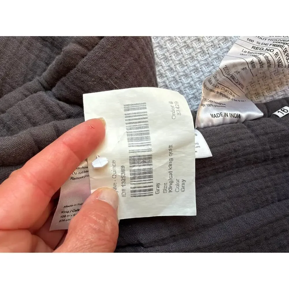Quince Organic Cotton Gauze King size Quilt in color grey charcoal NWOT